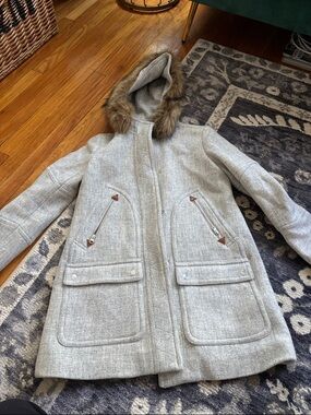 J. Crew Light Gray Hooded Wool-Blend Pea Coat with Faux-Fur Trim